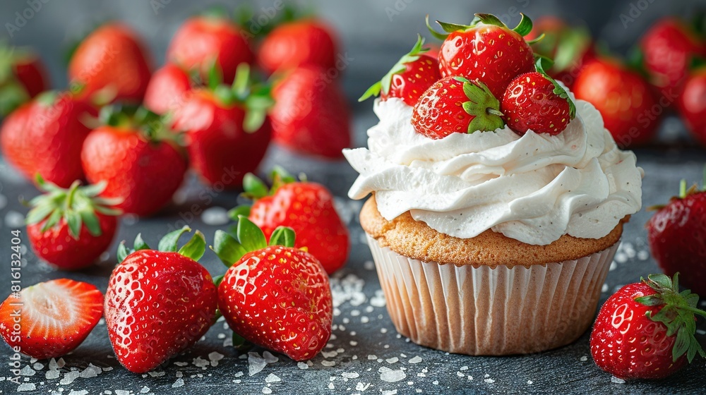 A cupcake with white frosting and strawberries on a black table surrounded by numerous strawberries A cupcake with white frosting and strawberries on a black table surrounded by numerous strawberries