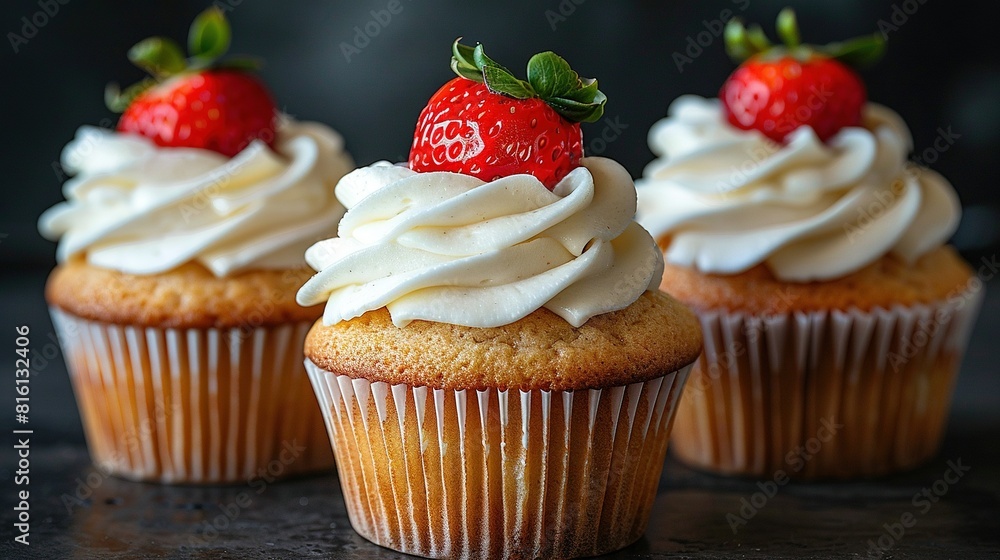 Three cupcakes with white frosting and a strawberry on one are placed on a table Three cupcakes with white frosting and a strawberry on one are placed on a table