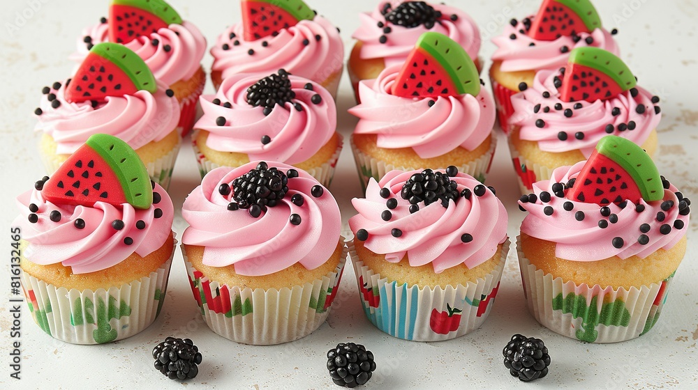   Cupcakes with pink frosting and blackberries