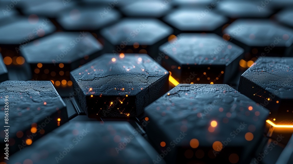 Fototapeta premium Black hexagons glowing orange cracks on black background