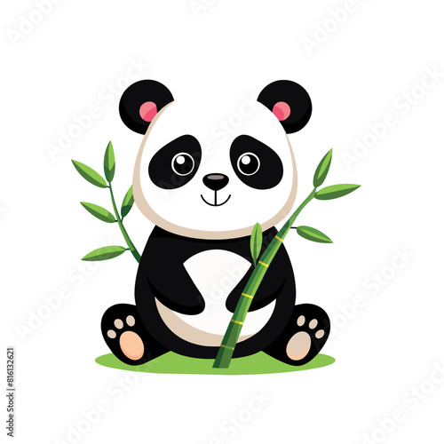 cute panda with bamboo isolated on white background