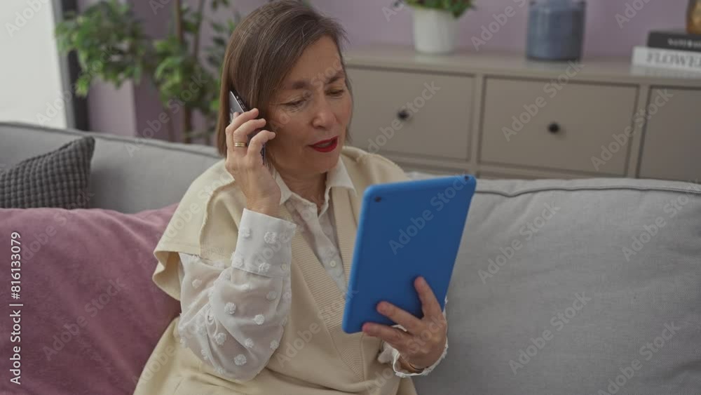 Elderly woman multitasking with tablet and phone conversation in a cozy modern living room Elderly woman multitasking with tablet and phone conversation in a cozy modern living room