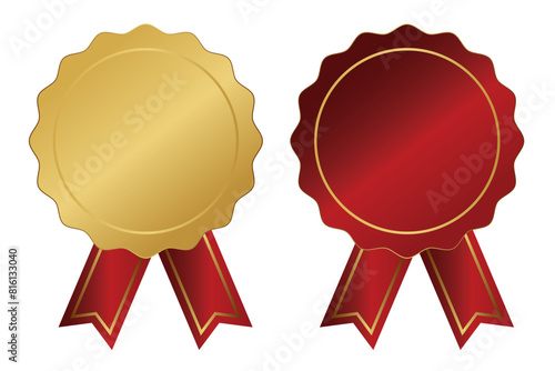 Realistic Golden Badge, emblem, Award and gold seal design set. Blank Badge icon design with ribbon. Golden medal with red ribbon. Golden button and tag design. Exclusive membership Badge design.