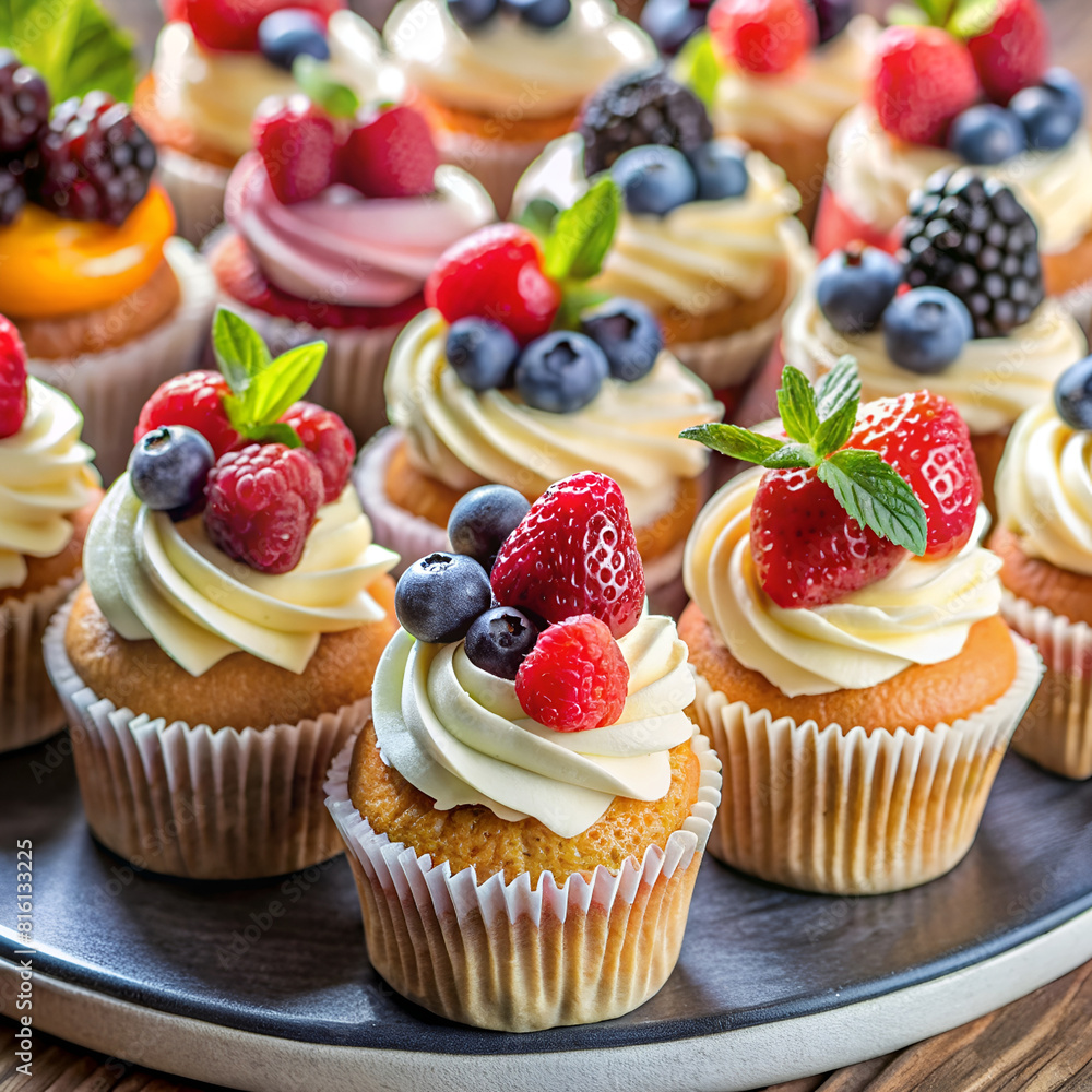 Assorted gourmet cupcakes topped with fresh berries and mint on a wooden platter Assorted gourmet cupcakes topped with fresh berries and mint on a wooden platter