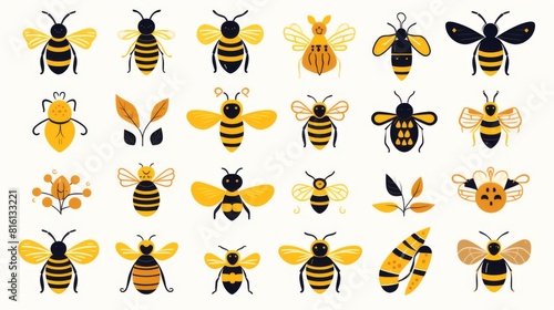 Obraz na płótnie A collection of stylized bee illustrations in a modern flat design, perfect for educational and decorative use w salonie