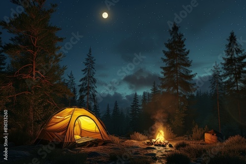 Tranquil night camping scene in a forest under a starry sky with a glowing tent and warm fire