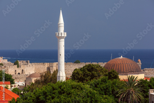 Minaret rises above Rhodes, Dodecanese islands, Greece