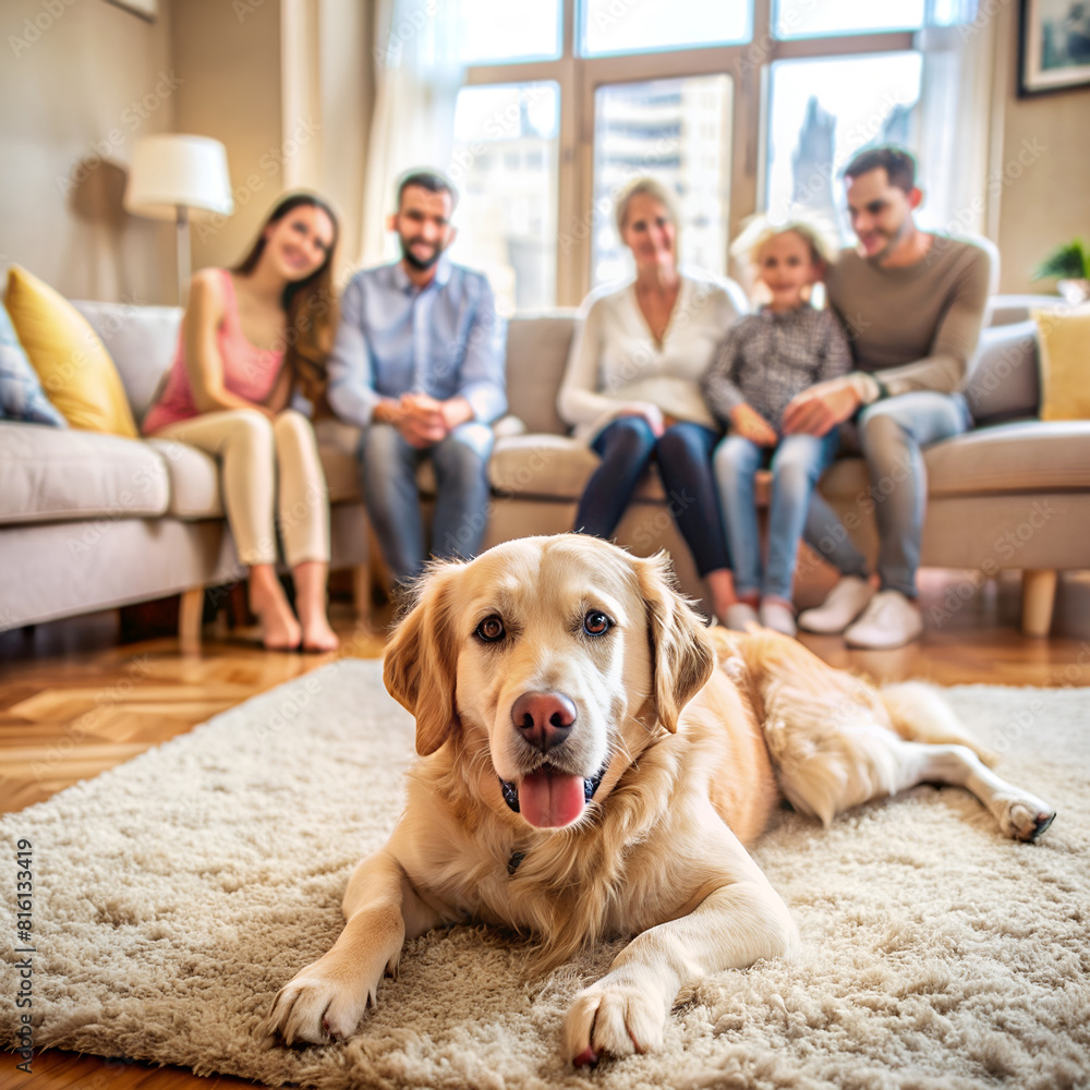 A beagle dog lies in front of a family sitting together on a couch indoors A beagle dog lies in front of a family sitting together on a couch indoors