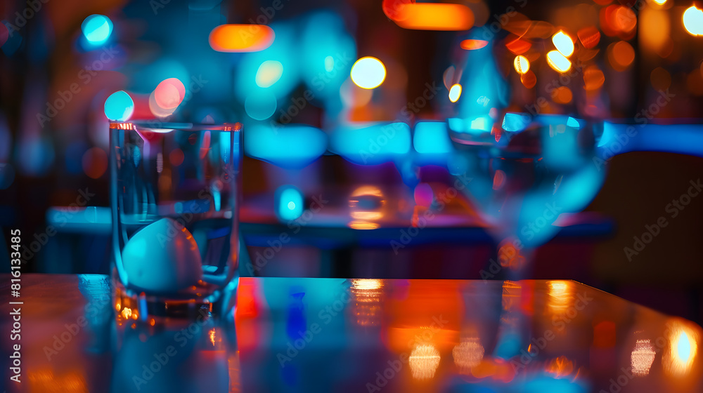 Selective focus on the table board of a restaurant nightclub modern design background in neon blue light : Generative AI Selective focus on the table board of a restaurant nightclub modern design background in neon blue light : Generative AI