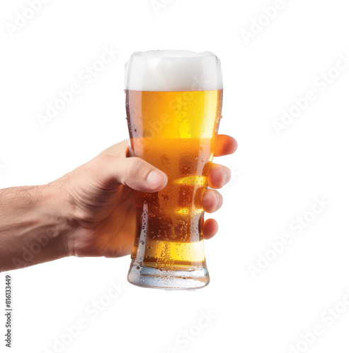 hand holding up a glass of beer over a white background. Variety of beer glass, cheers.