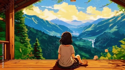 Lofi Girl is on a wooden deck of a cozy cabin in the mountains, surrounded by lush greenery and occasional wildlife, 4k Japanese anime style lofi music background