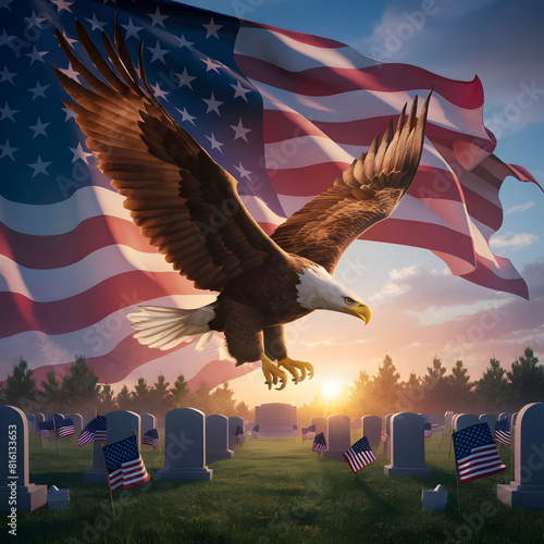 A bald eagle soaring majestically against a backdrop of the American flag on memorial day for generated Ai