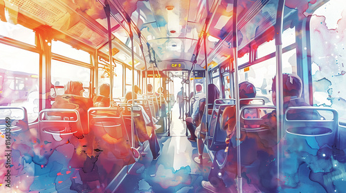 Vector 3D of a city bus interior with passengers and driver watercolor illustrations