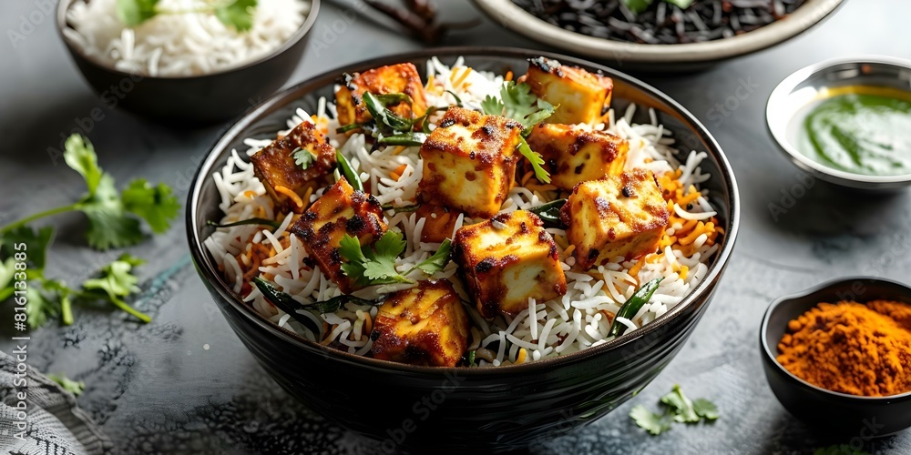 A tempting image of paneer biryani with marinated cottage cheese and basmati rice. Concept Food Photography, Indian Cuisine, Vegetarian Dish, Gourmet Meal, Delicious Food