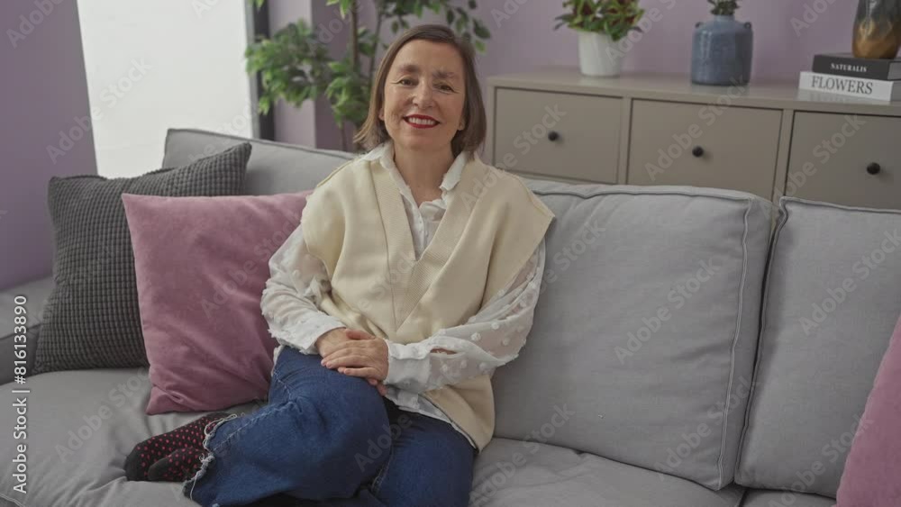 Smiling middle-aged woman sitting comfortably on a grey sofa in a cozy living room setting. Smiling middle-aged woman sitting comfortably on a grey sofa in a cozy living room setting.