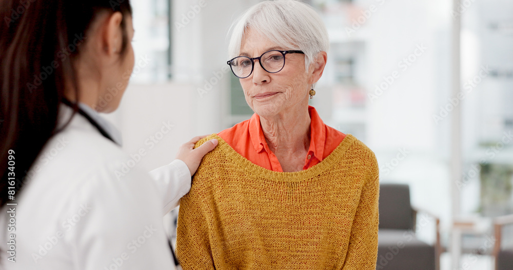 Obraz premium Healthcare, shoulder pain and a senior woman with her doctor in the hospital, talking during a consultation. Medical, insurance or anatomy and a woman patient in a clinic with a medicine professional