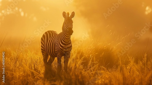 majestic zebra standing in foggy african forest at morning golden grass landscape