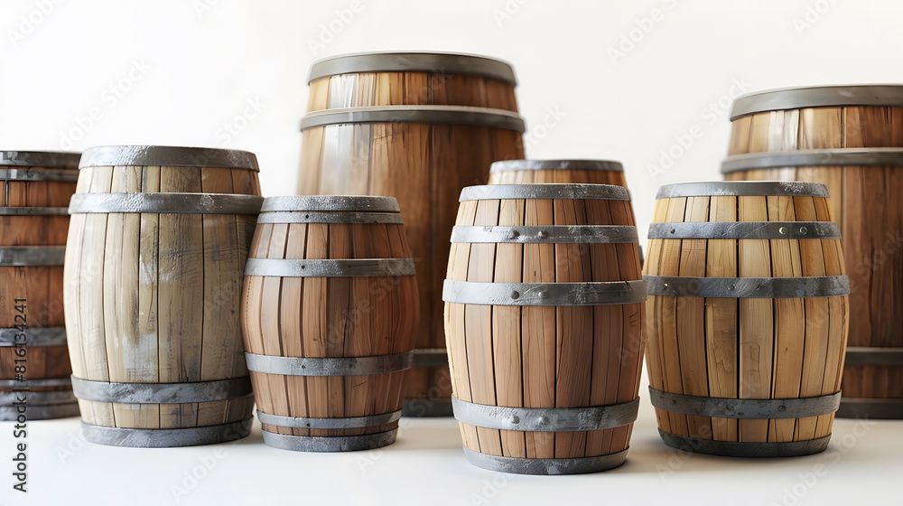 assorted brown and gray oak barrels on a white isolated background : Generative AI assorted brown and gray oak barrels on a white isolated background : Generative AI