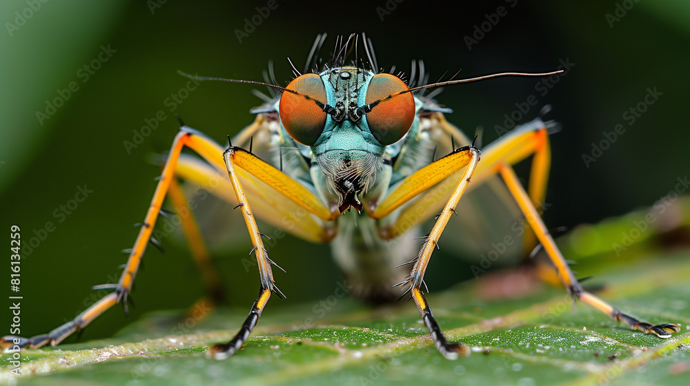 Close-up of a colorful fly with striking orange and green colors, perched on a leaf, showcasing detailed compound eyes and delicate legs. Close-up of a colorful fly with striking orange and green colors, perched on a leaf, showcasing detailed compound eyes and delicate legs.
