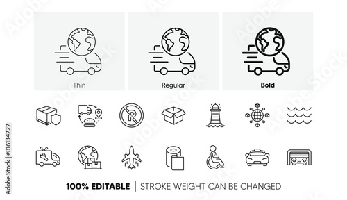 Opened box, International delivery and Disability line icons. Pack of Lighthouse, Delivery insurance, Parking garage icon. Car service, Taxi, Paper wallpaper pictogram. Logistics network. Vector