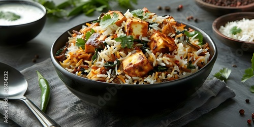 A delicious visual of paneer biryani featuring marinated cottage cheese and basmati rice. Concept Food Photography  Rice Dishes  Indian Cuisine  Vegetarian Recipes  Paneer Dishes