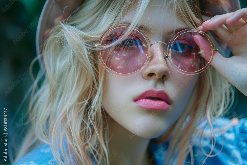 Alluring Young Woman with Pink Sunglasses and Blonde Hair Portrait Alluring Young Woman with Pink Sunglasses and Blonde Hair Portrait
