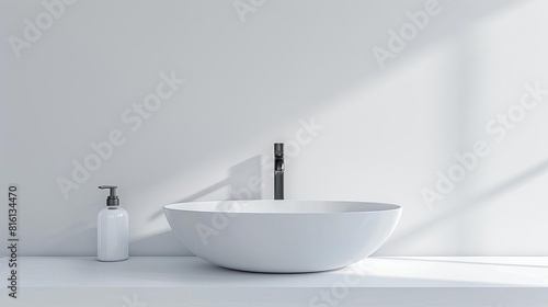 modern minimalist white bathroom with sleek vessel sink and stylish faucet isolated on white 3d illustration