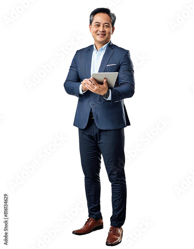 Full body Asian male businessman holding a tablet on isolate background.