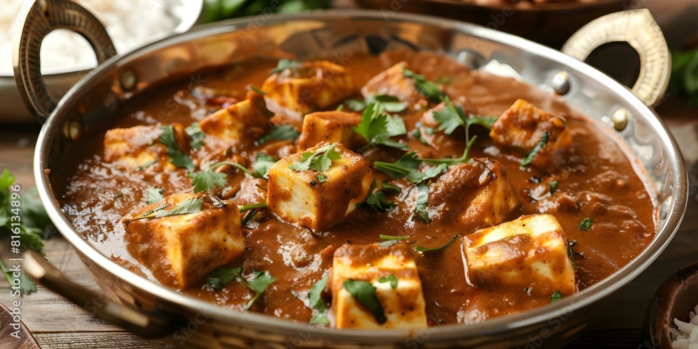 Paneer Tikka Masala Served in a Traditional Brass Pot. Concept Indian Cuisine, Paneer Dish, Traditional Cooking, Restaurant Menu, Food Presentation Paneer Tikka Masala Served in a Traditional Brass Pot. Concept Indian Cuisine, Paneer Dish, Traditional Cooking, Restaurant Menu, Food Presentation