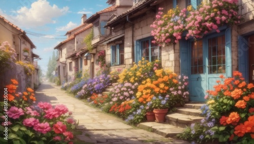 street in the town with flowers Generated Ai 