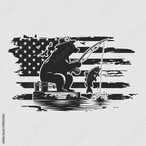 US Fishing Bear vector silhouette svg, Father' Day Gift, US flag bear Birthday gift