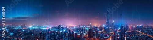 A high-resolution panoramic cityscape overlaid with digital elements serves as an abstract, futuristic wallpaper and background photo