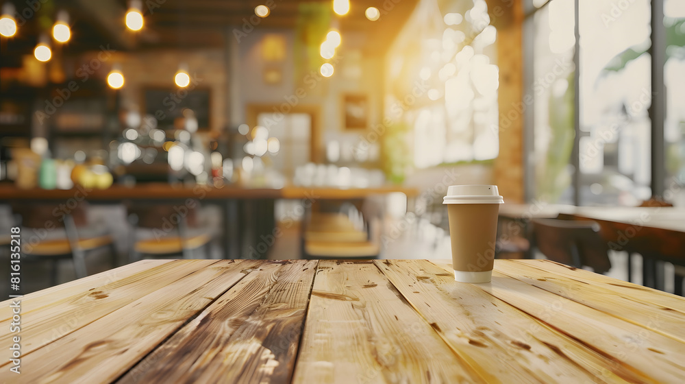 Empty wood table with blur coffee shop background clean bright light foreground Mock up for montage products display : Generative AI Empty wood table with blur coffee shop background clean bright light foreground Mock up for montage products display : Generative AI