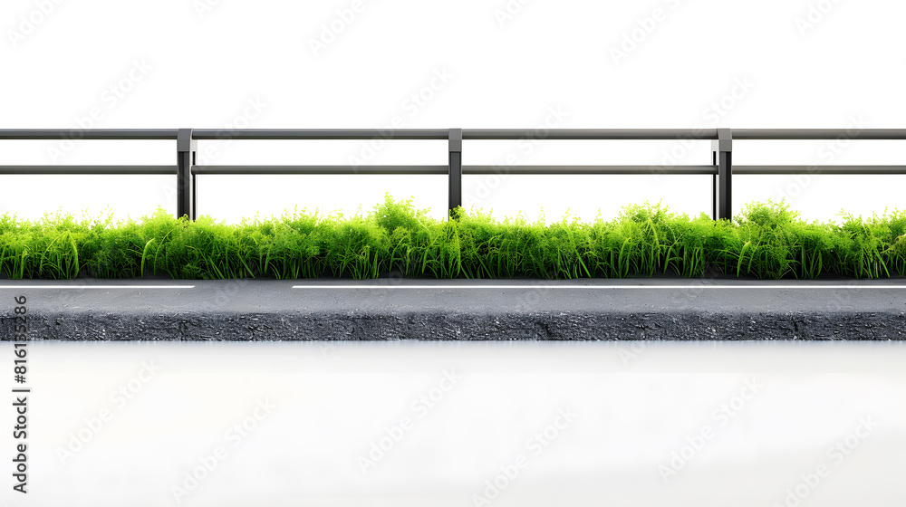 Asphalt road with railings and green grassisolated on white background with clipping path Side angle view : Generative AI Asphalt road with railings and green grassisolated on white background with clipping path Side angle view : Generative AI