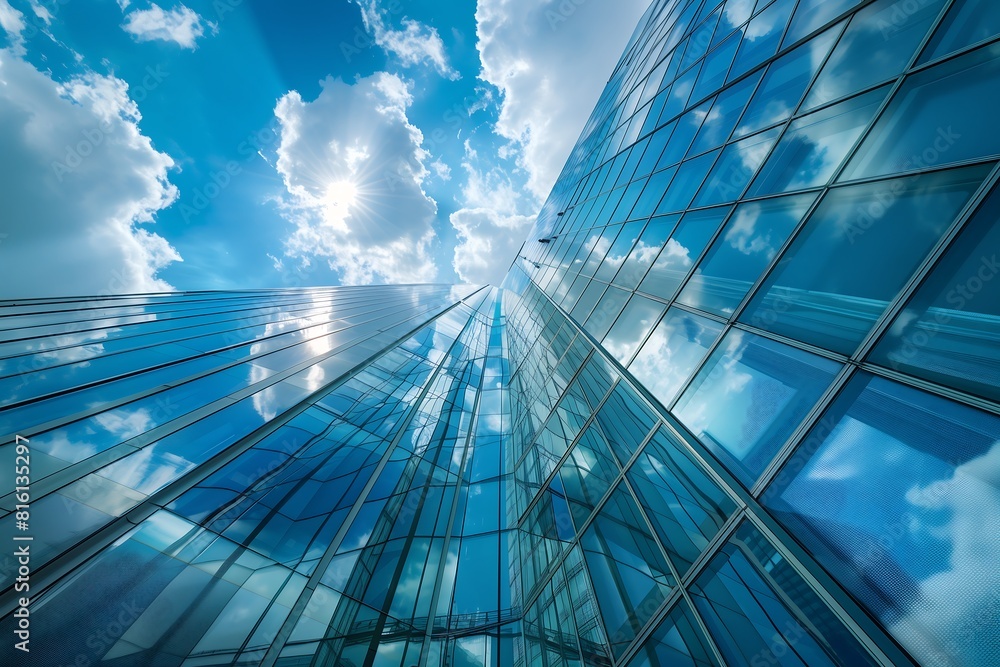 Underside panoramic and perspective view to steel blue glass high-rise building skyscrapers, business concept of successful industrial architecture Underside panoramic and perspective view to steel blue glass high-rise building skyscrapers, business concept of successful industrial architecture