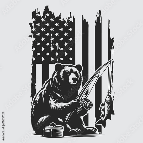 US Fishing Bear vector silhouette svg, Father' Day Gift, US flag bear Birthday gift
