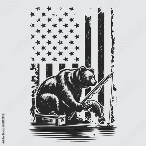 US Fishing Bear vector silhouette svg, Father' Day Gift, US flag bear Birthday gift