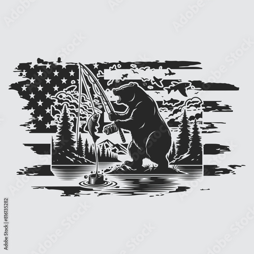 US Fishing Bear vector silhouette svg, Father' Day Gift, US flag bear Birthday gift