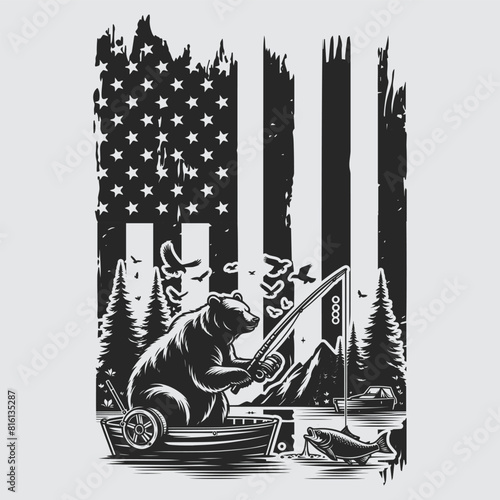 US Fishing Bear vector silhouette svg, Father' Day Gift, US flag bear Birthday gift