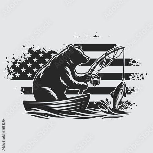 US Fishing Bear vector silhouette svg, Father' Day Gift, US flag bear Birthday gift