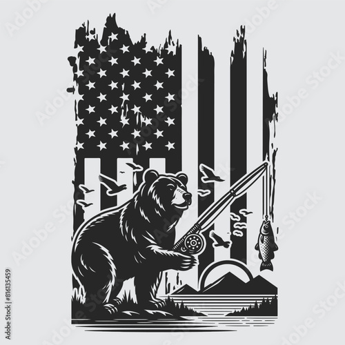 US Fishing Bear vector silhouette svg, Father' Day Gift, US flag bear Birthday gift