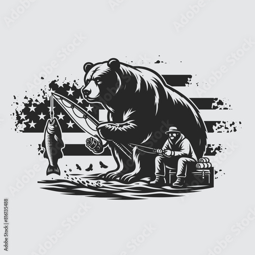 US Fishing Bear vector silhouette svg, Father' Day Gift, US flag bear Birthday gift