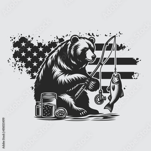 US Fishing Bear vector silhouette svg, Father' Day Gift, US flag bear Birthday gift