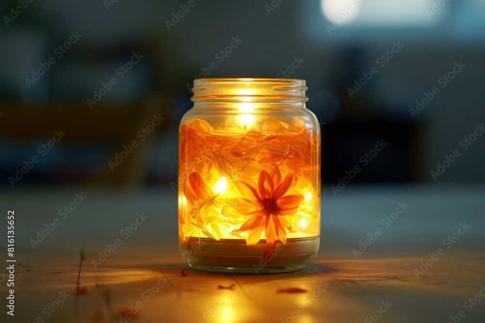 Cozy ambiance created by a glass jar filled with glowing fairy lights on a wooden surface Cozy ambiance created by a glass jar filled with glowing fairy lights on a wooden surface