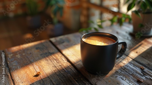Coffee with milk in a black cup placed on a wooden table