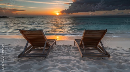 Serenity at Sunset  Two Empty Beach Chairs Facing a Breathtaking Ocean View