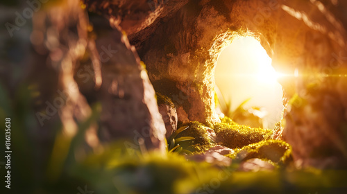 Christian Easter concept Jesus Christ resurrection Empty tomb of Jesus with light Born to Die Born to Rise He is not here he is risen Savior Messiah Redeemer Gospel Alive Miracle : Generative AI photo
