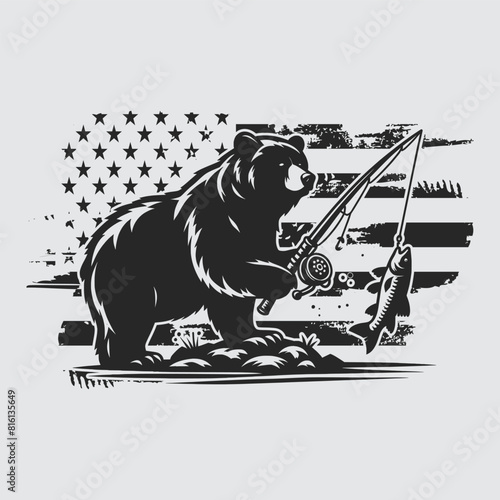US Fishing Bear vector silhouette svg, Father' Day Gift, US flag bear Birthday gift