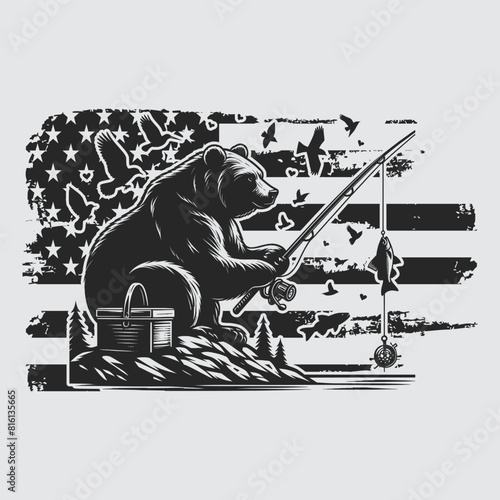 US Fishing Bear vector silhouette svg, Father' Day Gift, US flag bear Birthday gift