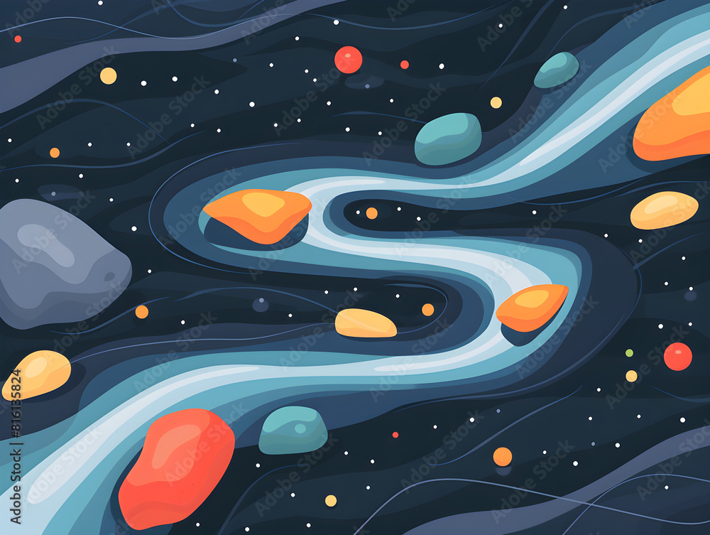 Ethereal Cosmic River: Abstract Illustration of a Vibrant Meandering Stream Set Against Starry Night Sky with Multicolored Stones and Whimsical Atmosphere – Modern Art Piece in Harmonious Color Ethereal Cosmic River: Abstract Illustration of a Vibrant Meandering Stream Set Against Starry Night Sky with Multicolored Stones and Whimsical Atmosphere – Modern Art Piece in Harmonious Color